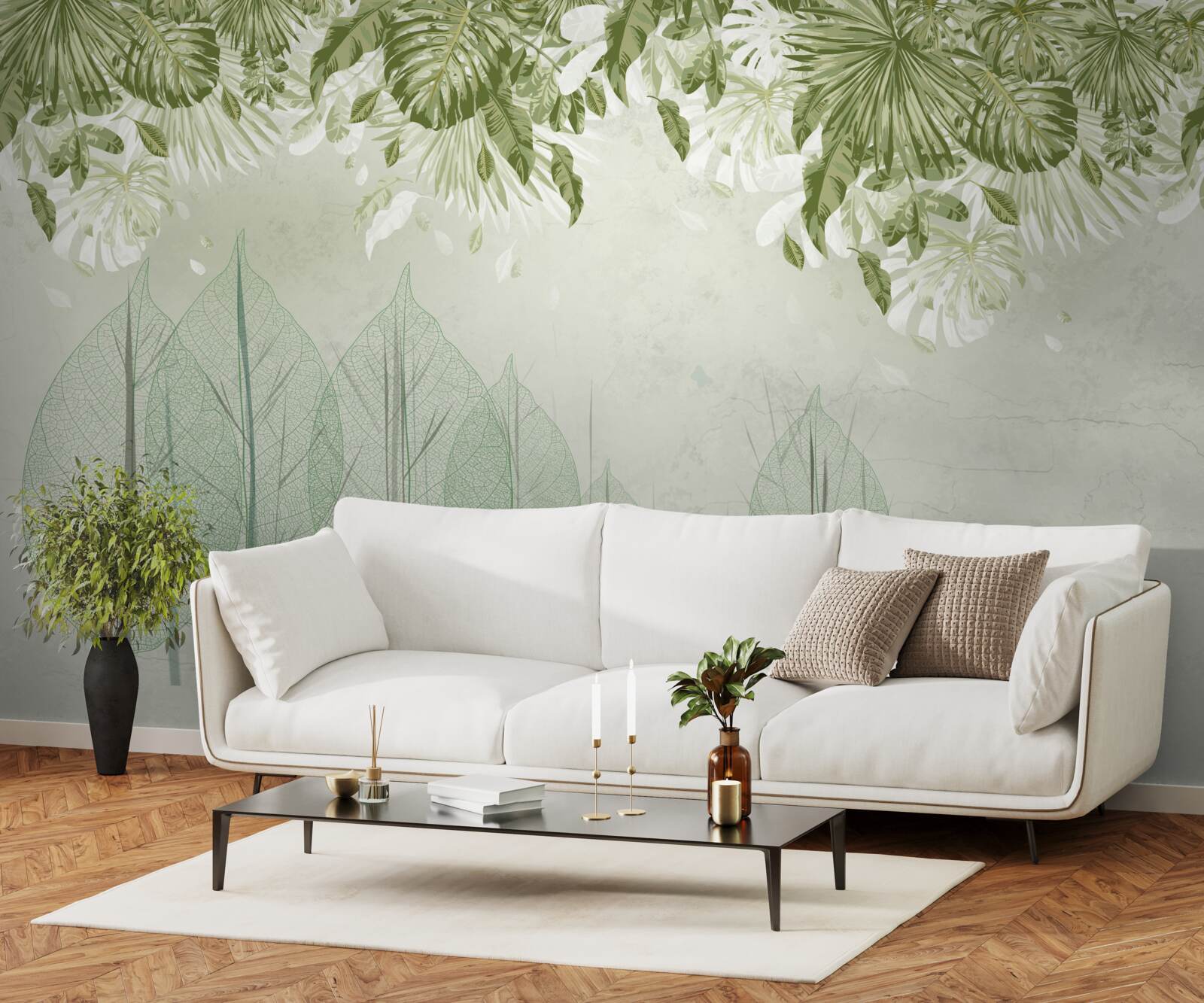 Papier peint une famille de cerfs se promène dans une forêt verte et brumeuse