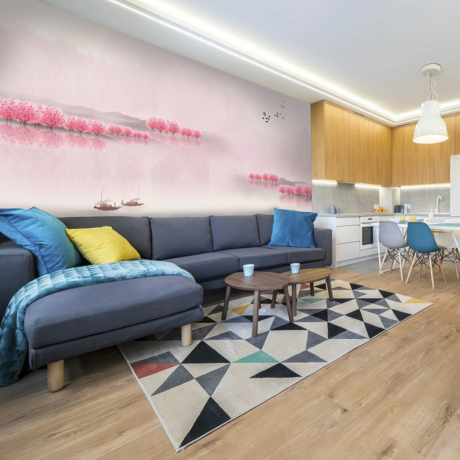 Papier peint des étangs tranquilles et des lisières de forêts roses