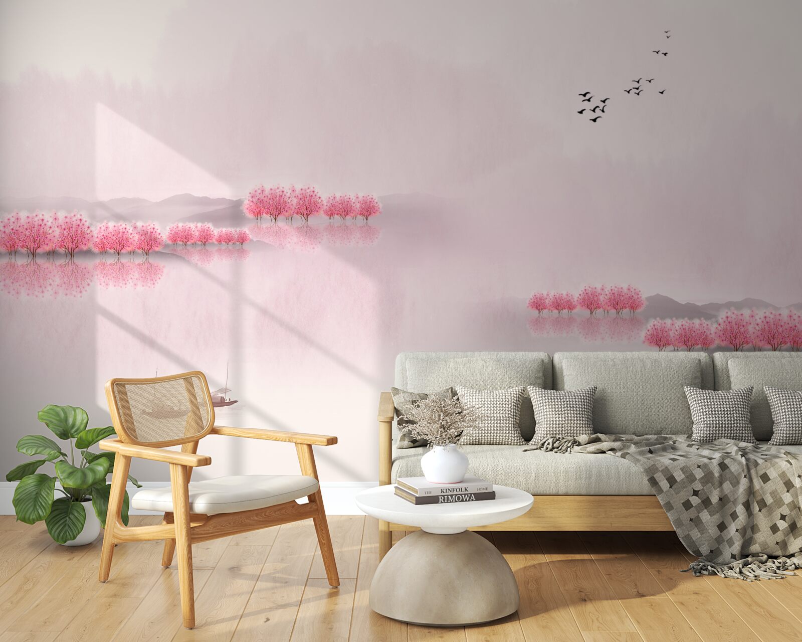 Papier peint des étangs tranquilles et des lisières de forêts roses