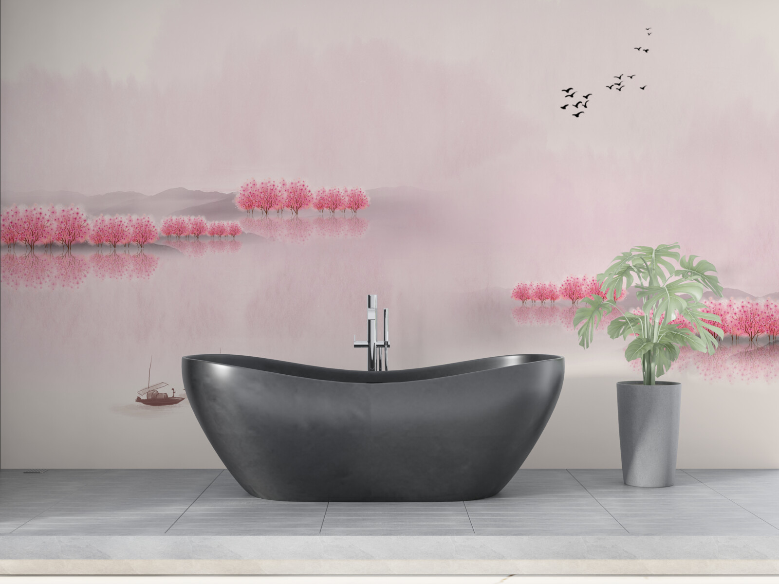 Papier peint des étangs tranquilles et des lisières de forêts roses