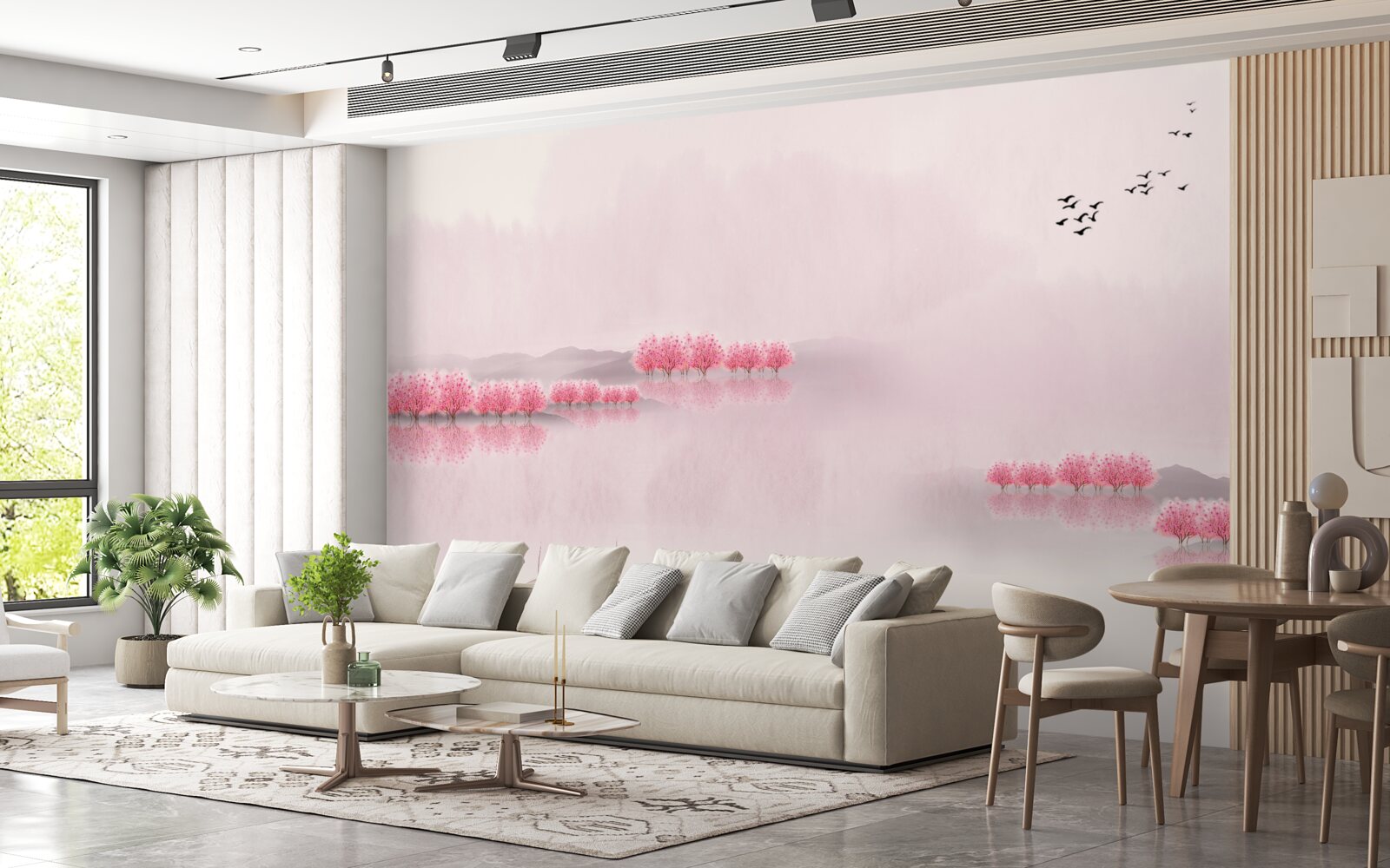 Papier peint des étangs tranquilles et des lisières de forêts roses