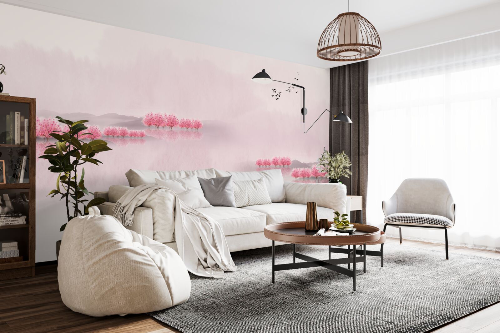 Papier peint des étangs tranquilles et des lisières de forêts roses