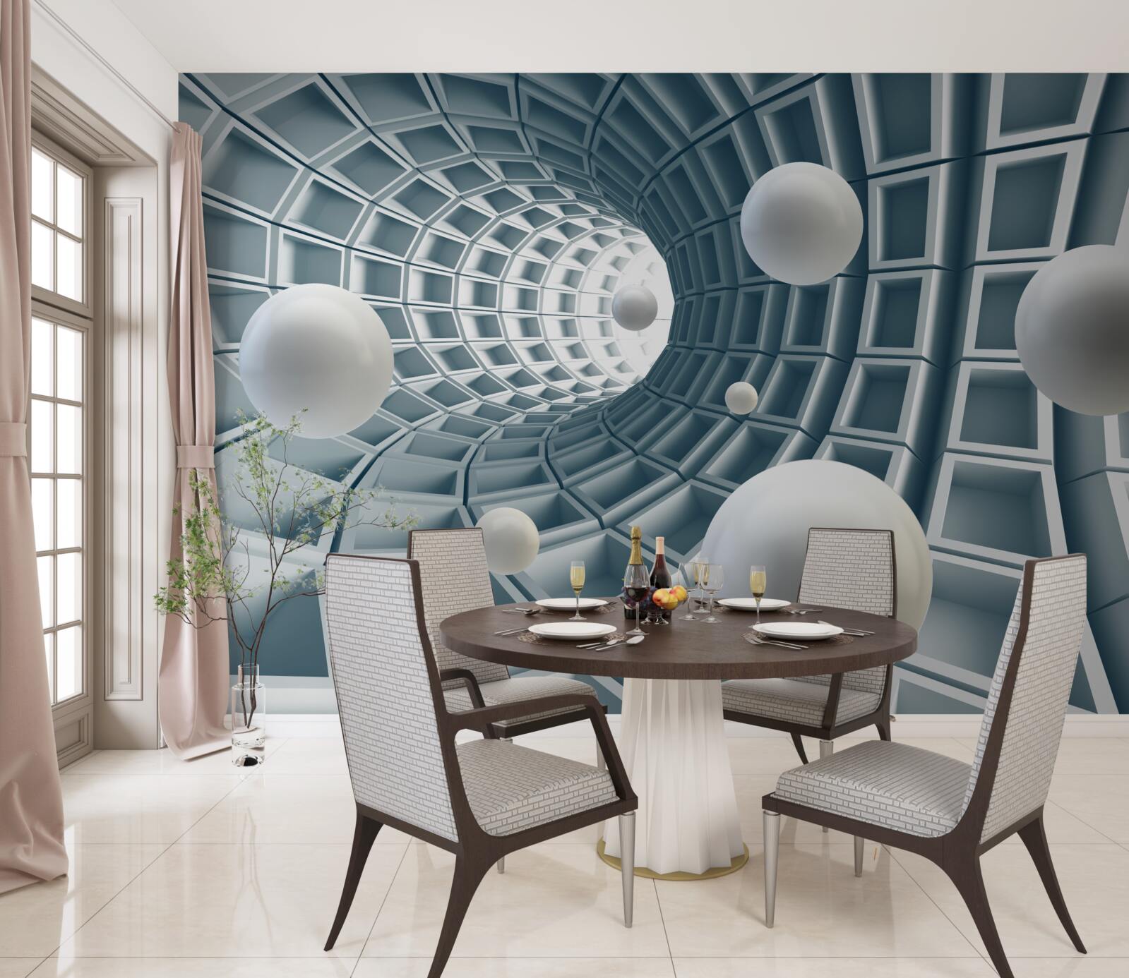 Papier peint tunnel azur avec des ballons flottant dans l'air