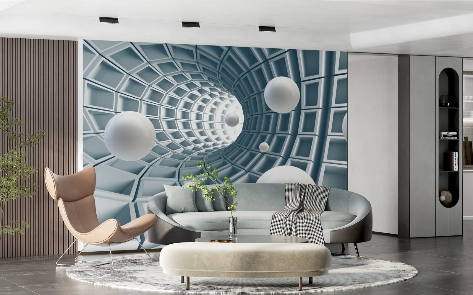 Papier peint tunnel azur avec des ballons flottant dans l'air