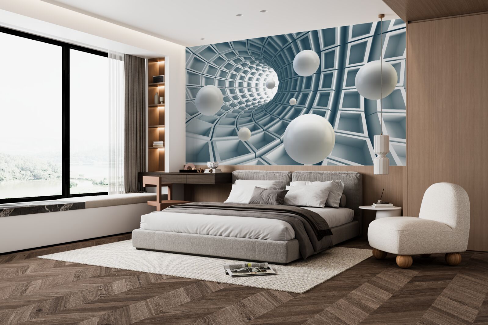 Papier peint tunnel azur avec des ballons flottant dans l'air