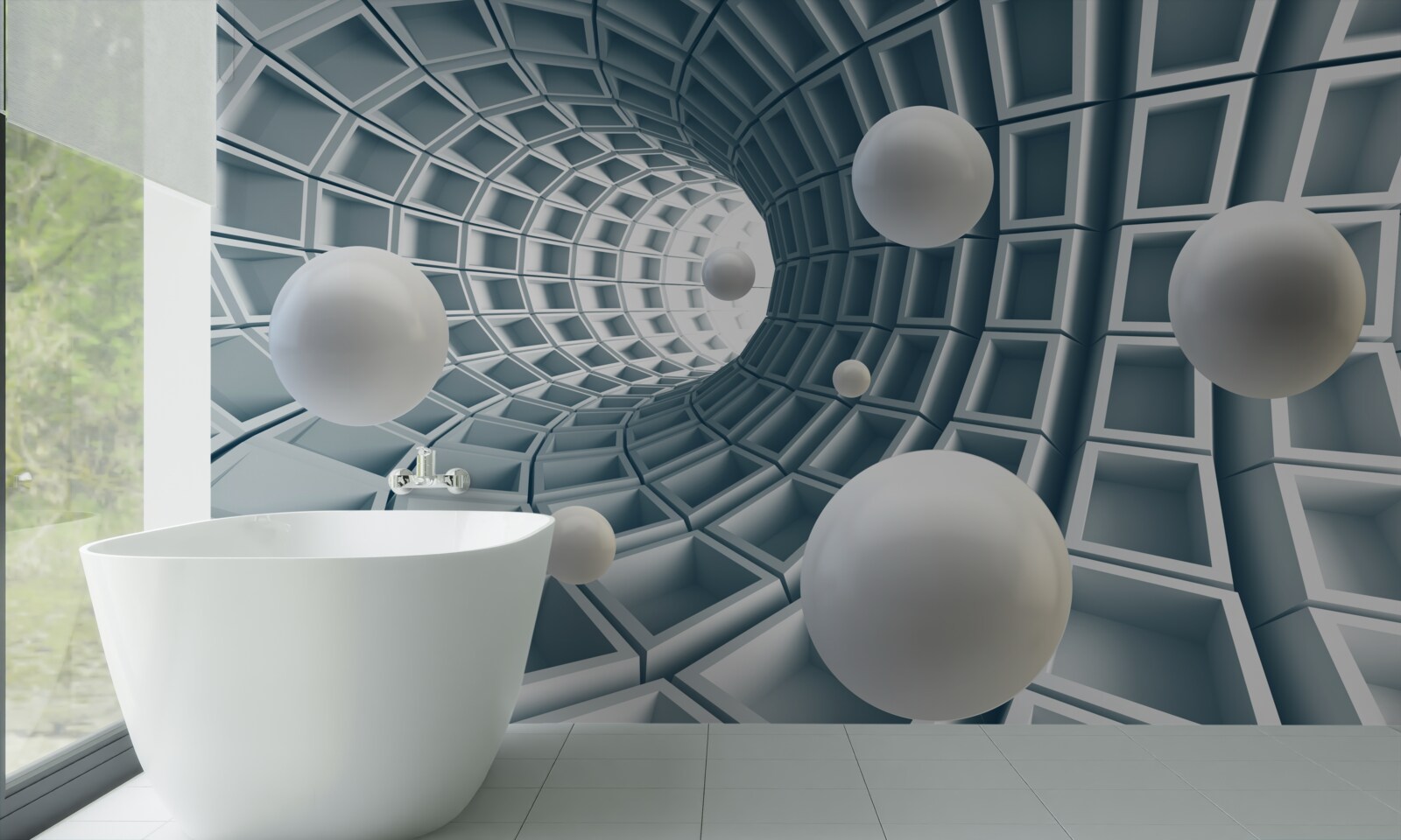 Papier peint tunnel azur avec des ballons flottant dans l'air