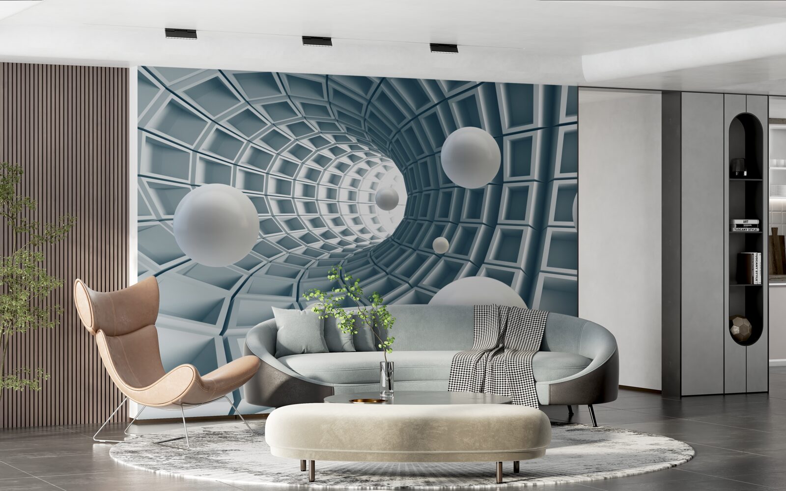 Papier peint tunnel azur avec des ballons flottant dans l'air