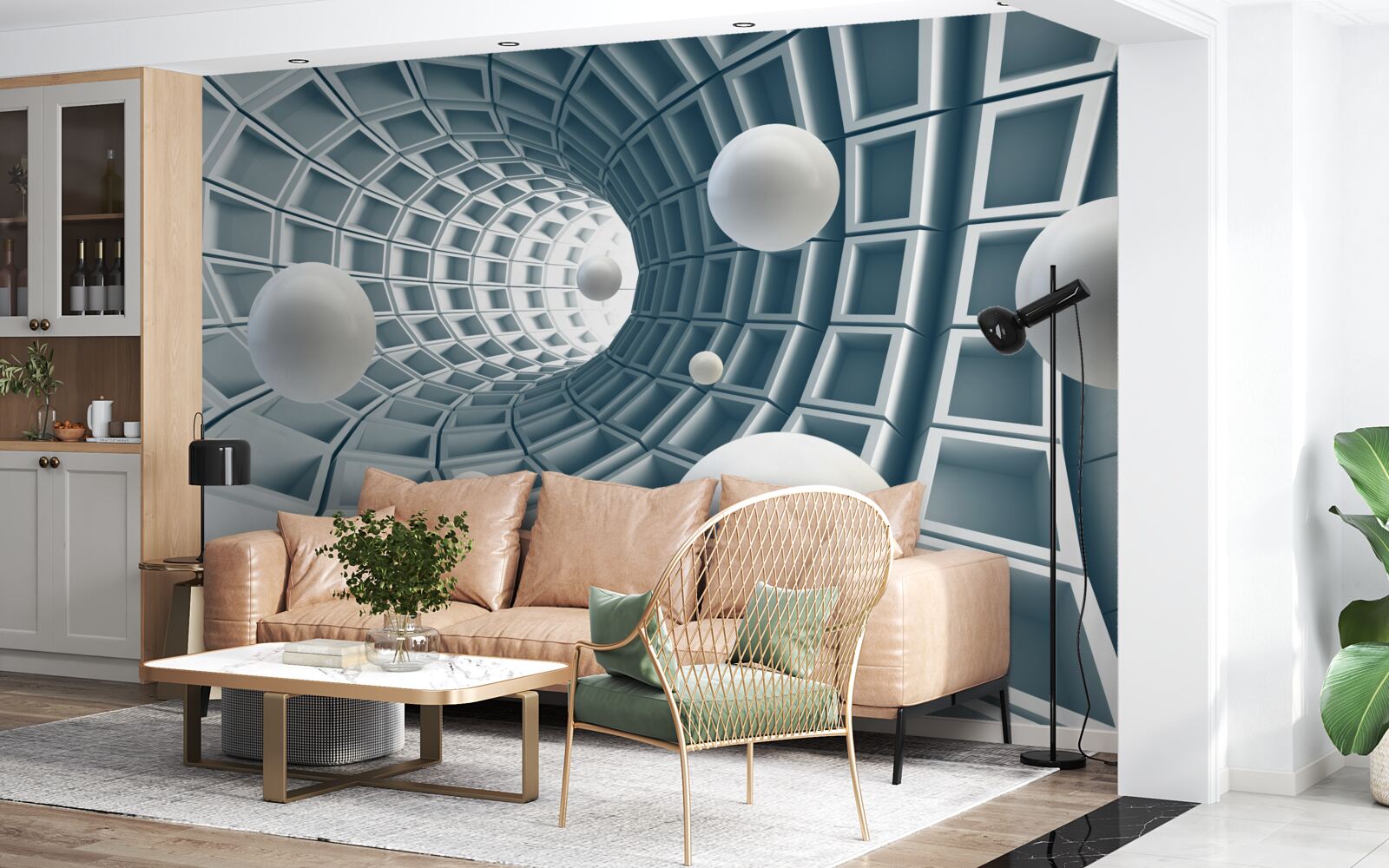 Papier peint tunnel azur avec des ballons flottant dans l'air