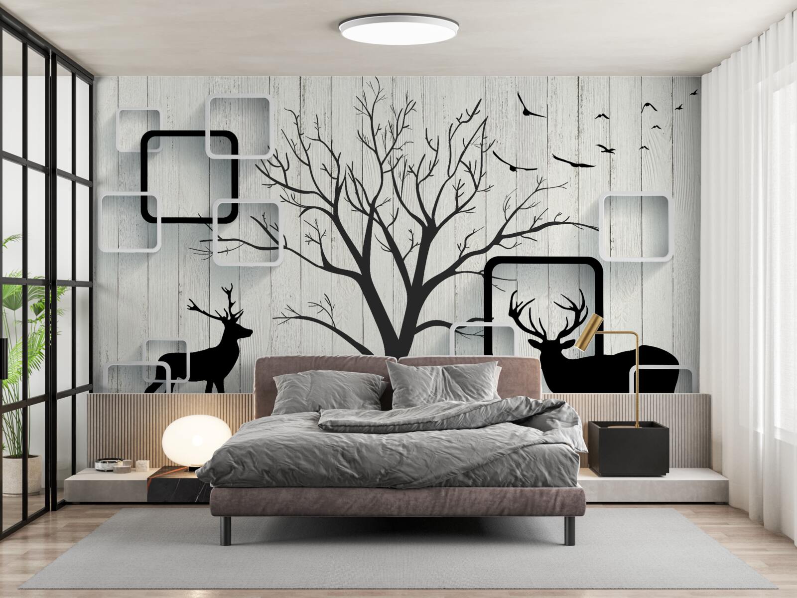 Papier peint l'arbre sert d'aire de promenade pour les cerfs