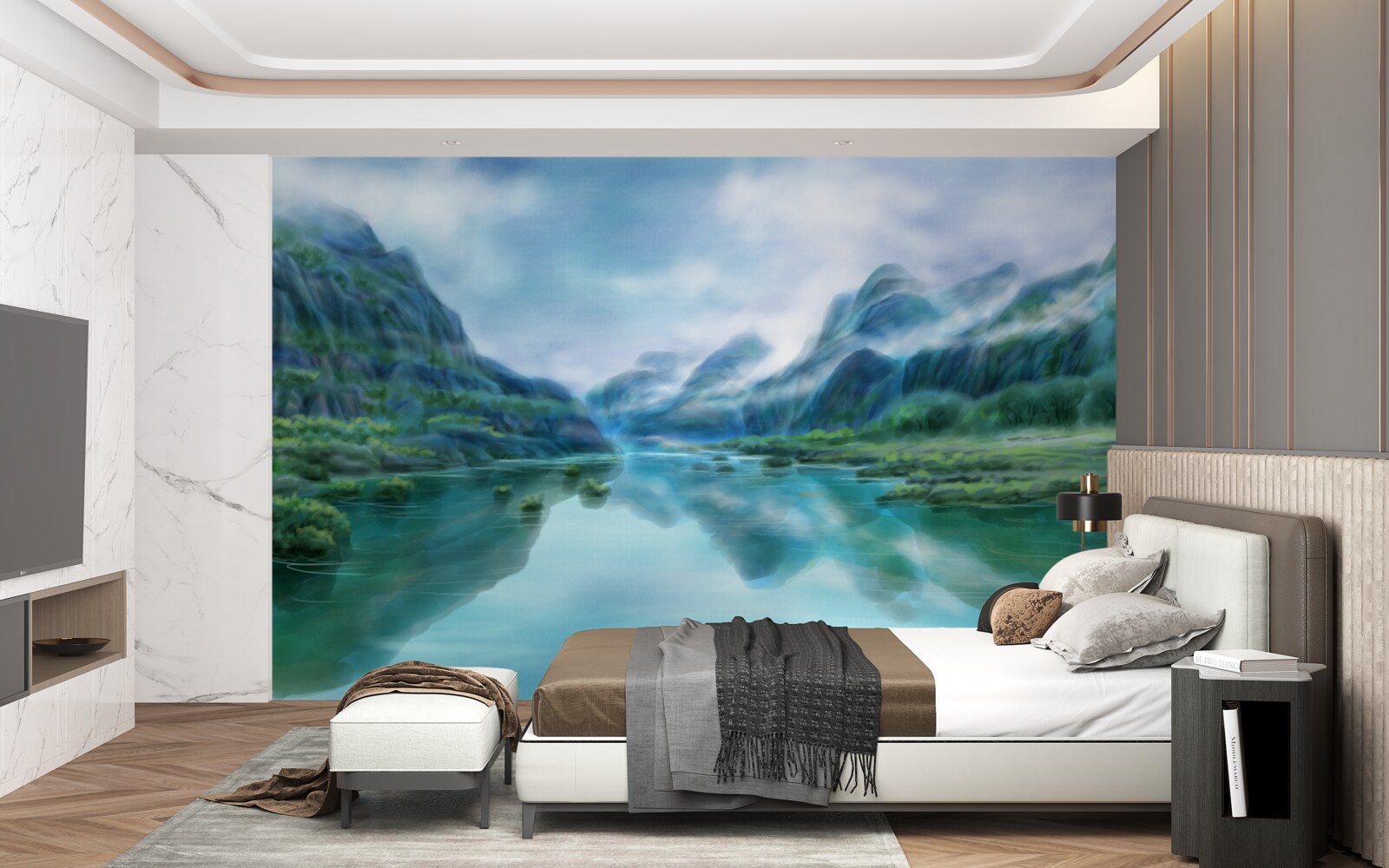 Papier peint rivière calme et envoûtante dans les montagnes