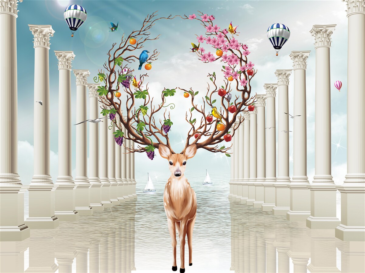 Papier peint Une colonnade blanche et un cerf avec une corne abstraite et inhabituelle