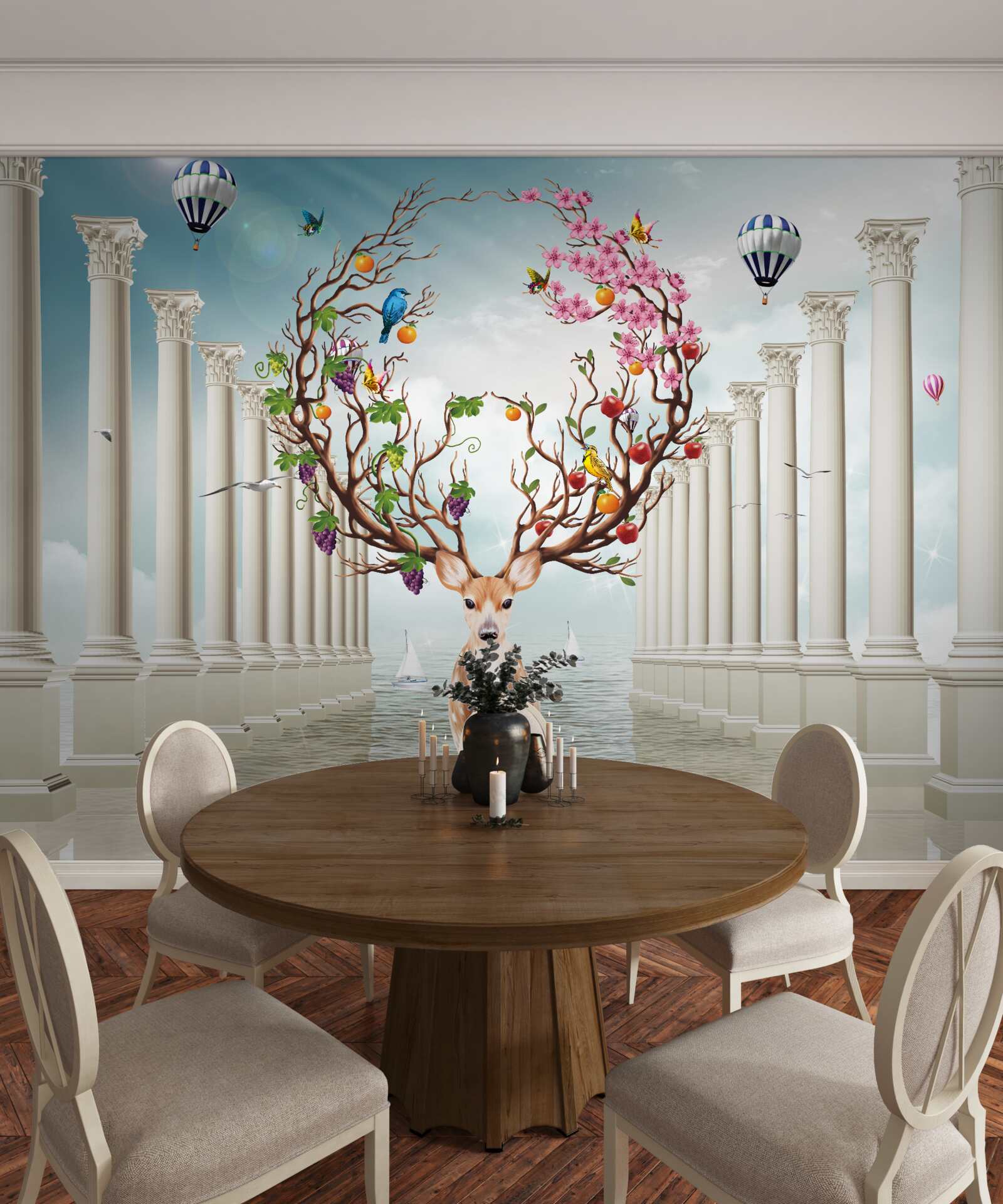 Papier peint Une colonnade blanche et un cerf avec une corne abstraite et inhabituelle