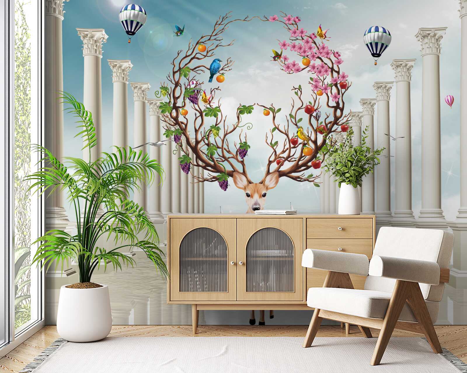 Papier peint Une colonnade blanche et un cerf avec une corne abstraite et inhabituelle