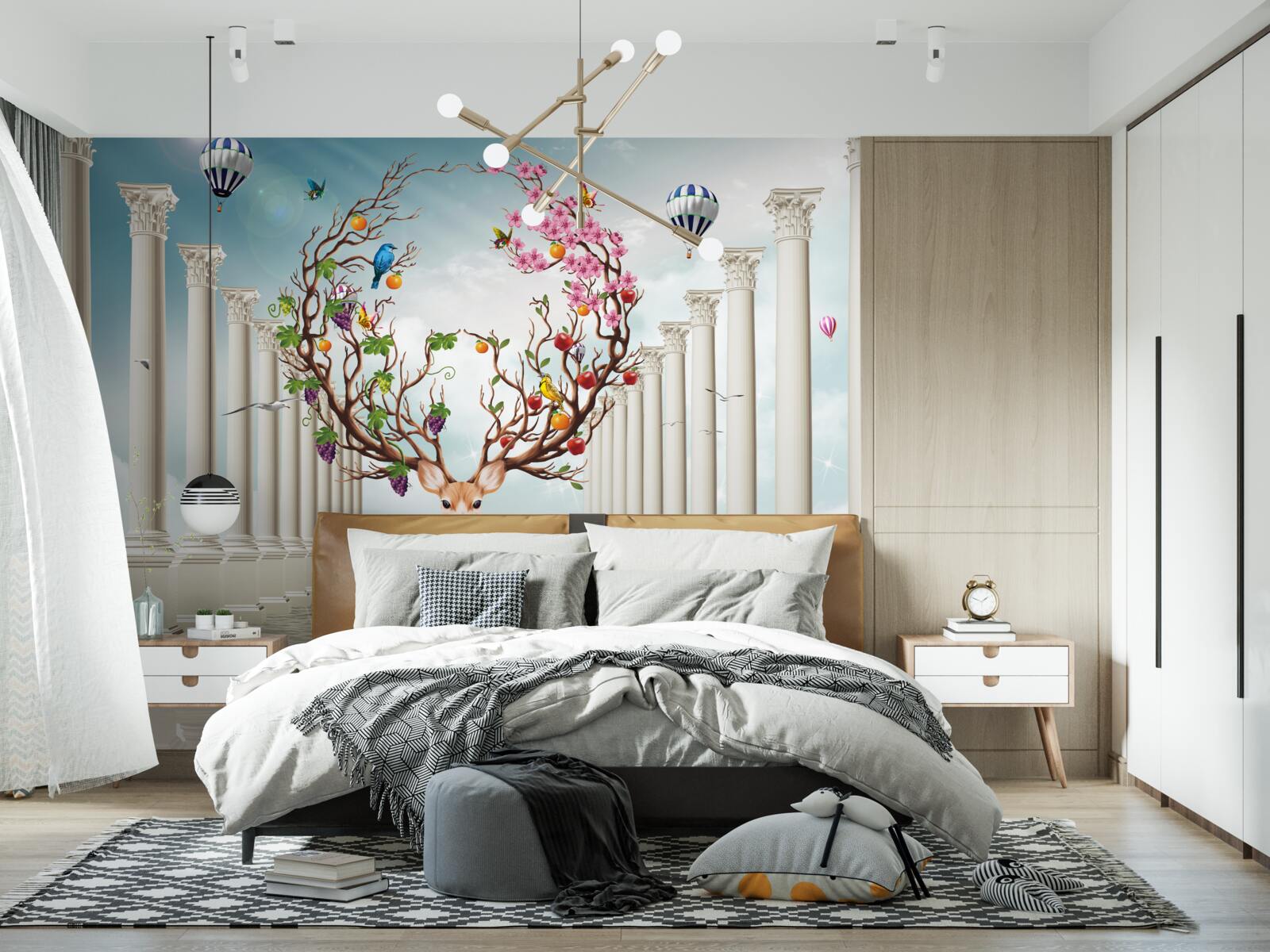 Papier peint Une colonnade blanche et un cerf avec une corne abstraite et inhabituelle