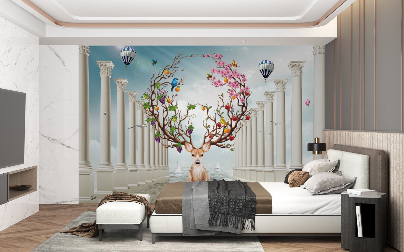 Papier peint Une colonnade blanche et un cerf avec une corne abstraite et inhabituelle