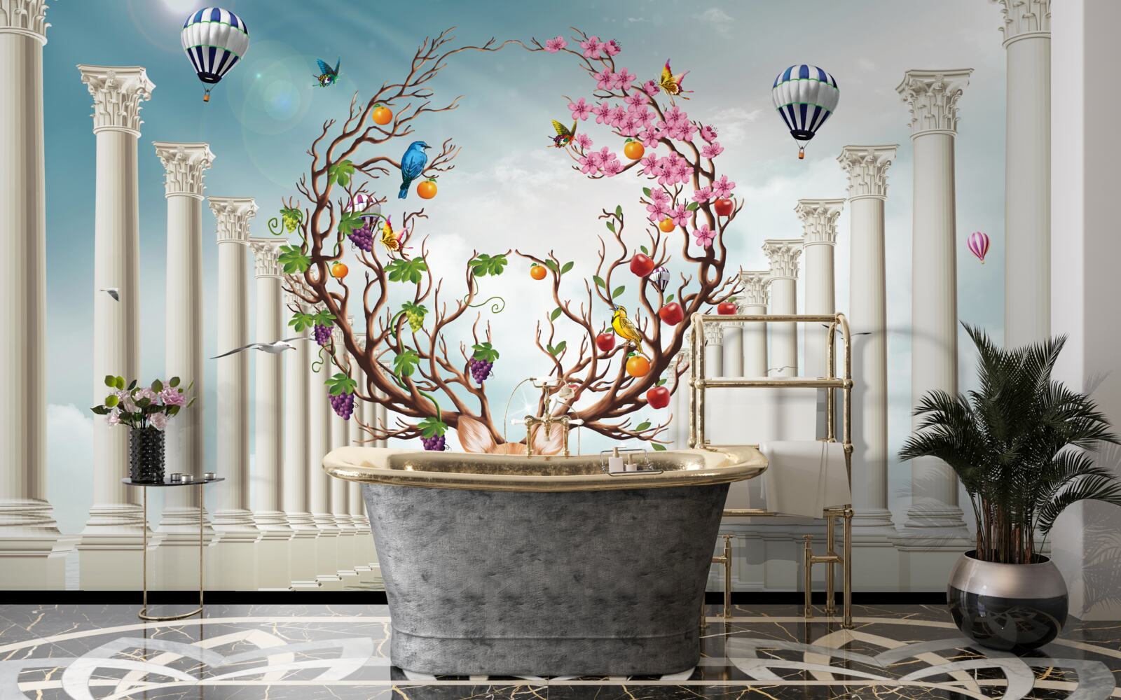 Papier peint Une colonnade blanche et un cerf avec une corne abstraite et inhabituelle