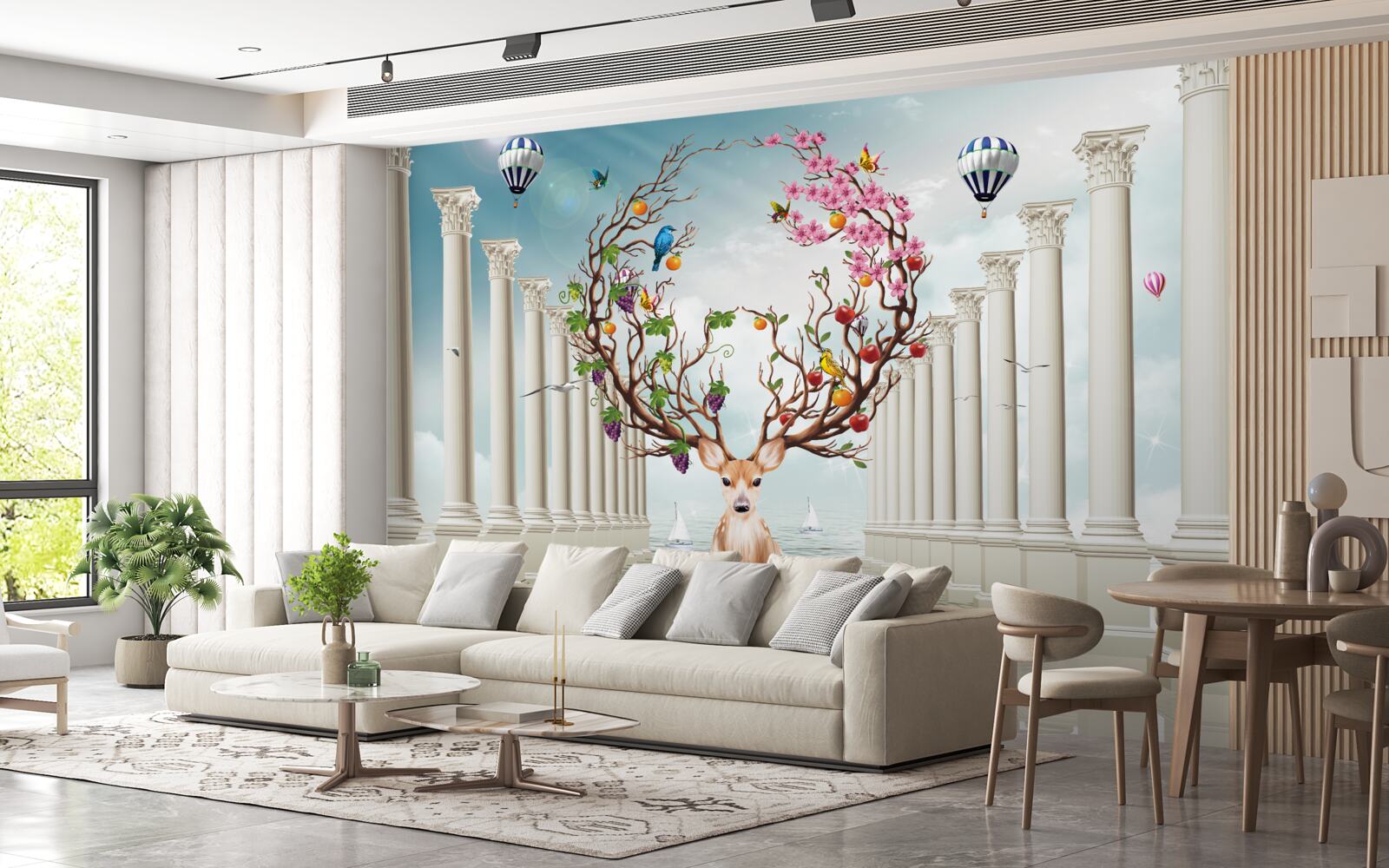 Papier peint Une colonnade blanche et un cerf avec une corne abstraite et inhabituelle