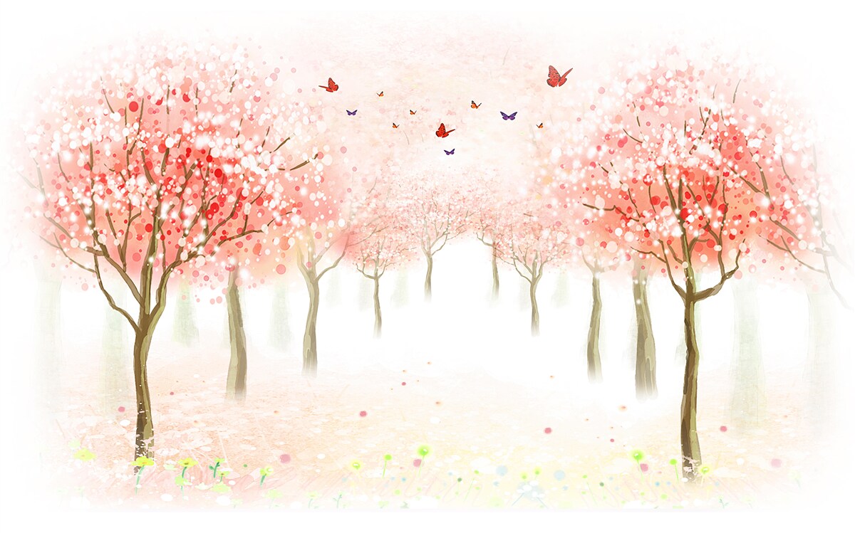 Papier peint des arbres en fleurs parsemés de papillons