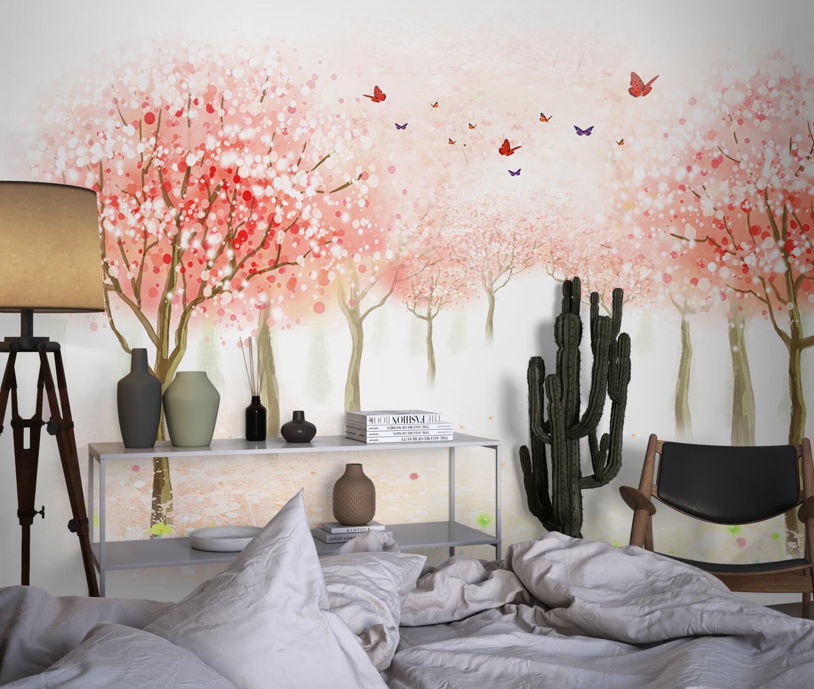 Papier peint des arbres en fleurs parsemés de papillons