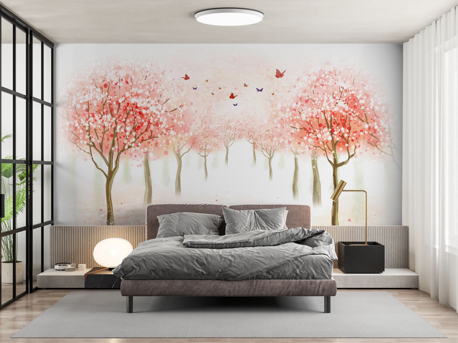 Papier peint des arbres en fleurs parsemés de papillons