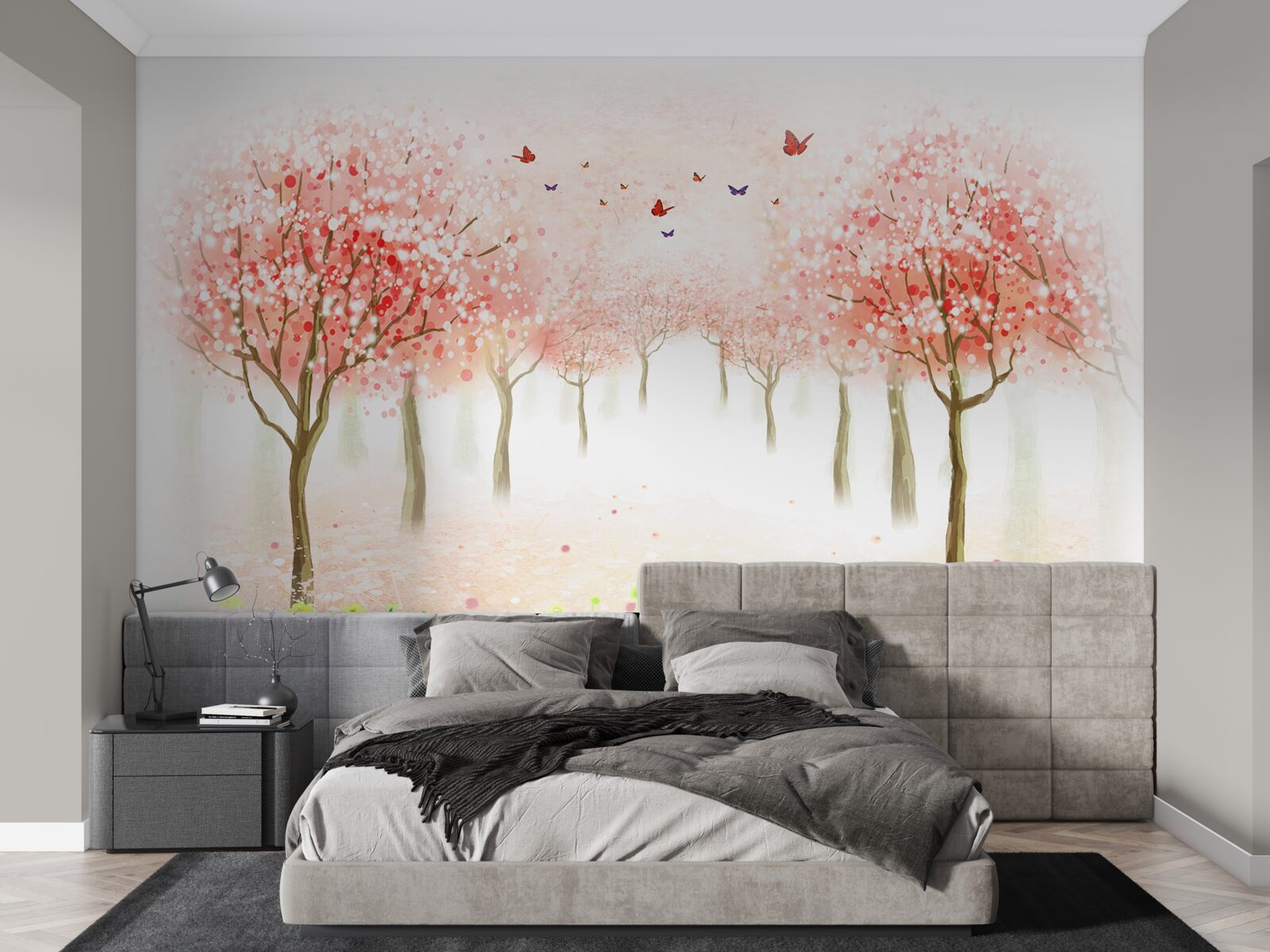 Papier peint des arbres en fleurs parsemés de papillons