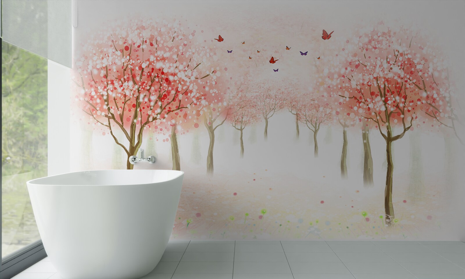 Papier peint des arbres en fleurs parsemés de papillons