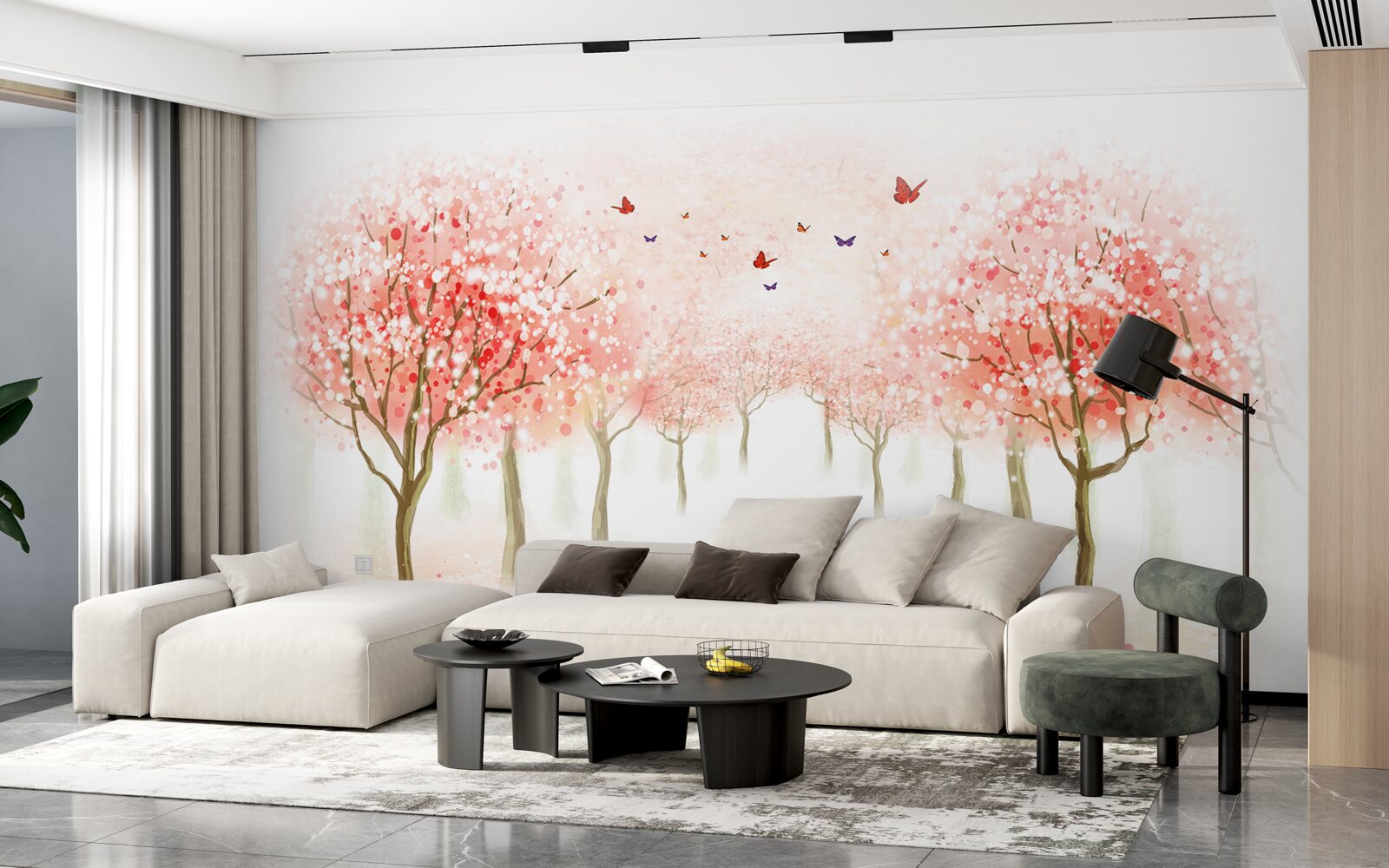 Papier peint des arbres en fleurs parsemés de papillons