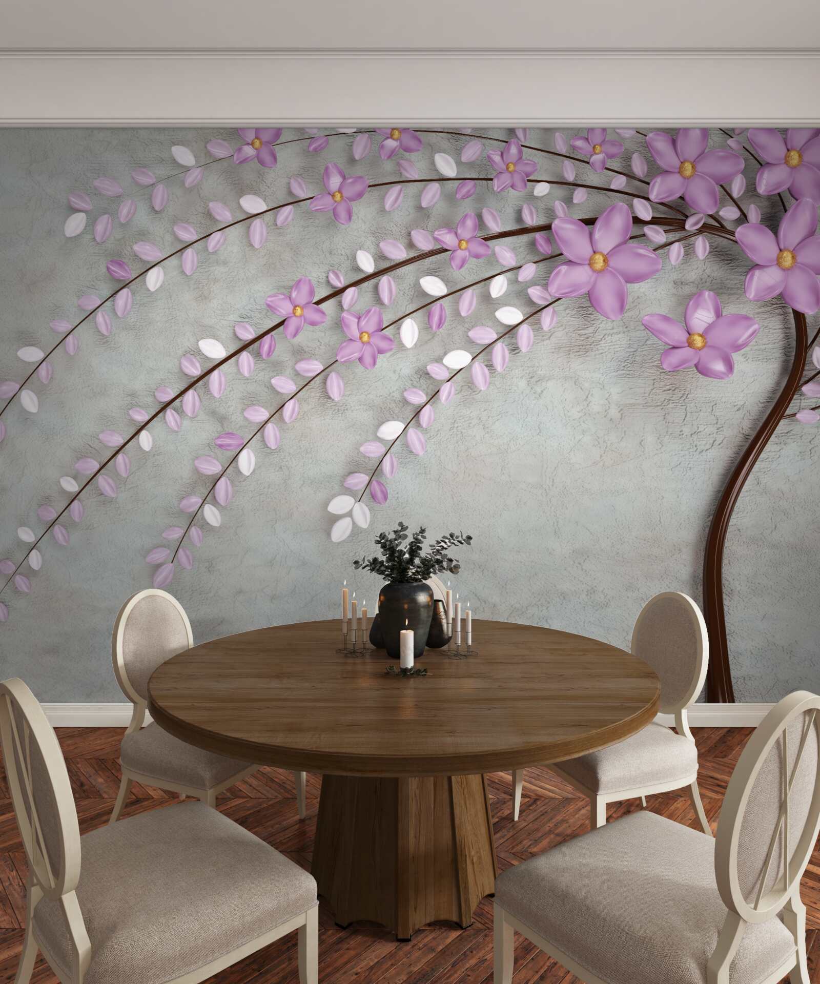 Papier peint arbre décoré de délicates fleurs de lilas