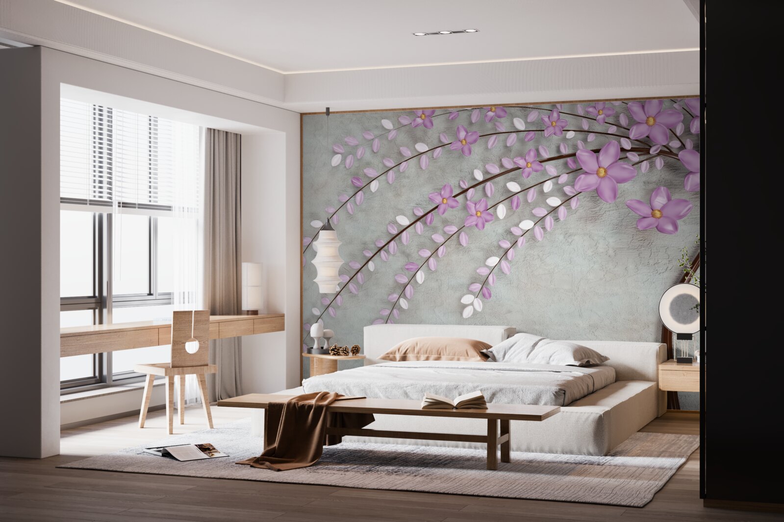 Papier peint arbre décoré de délicates fleurs de lilas