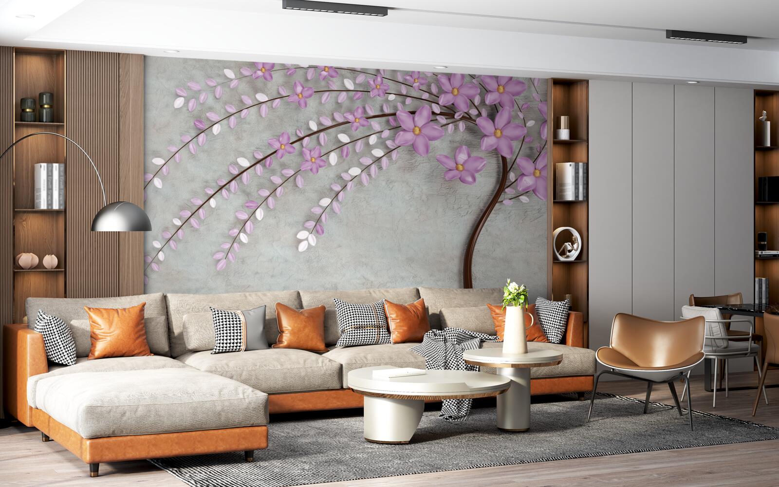 Papier peint arbre décoré de délicates fleurs de lilas