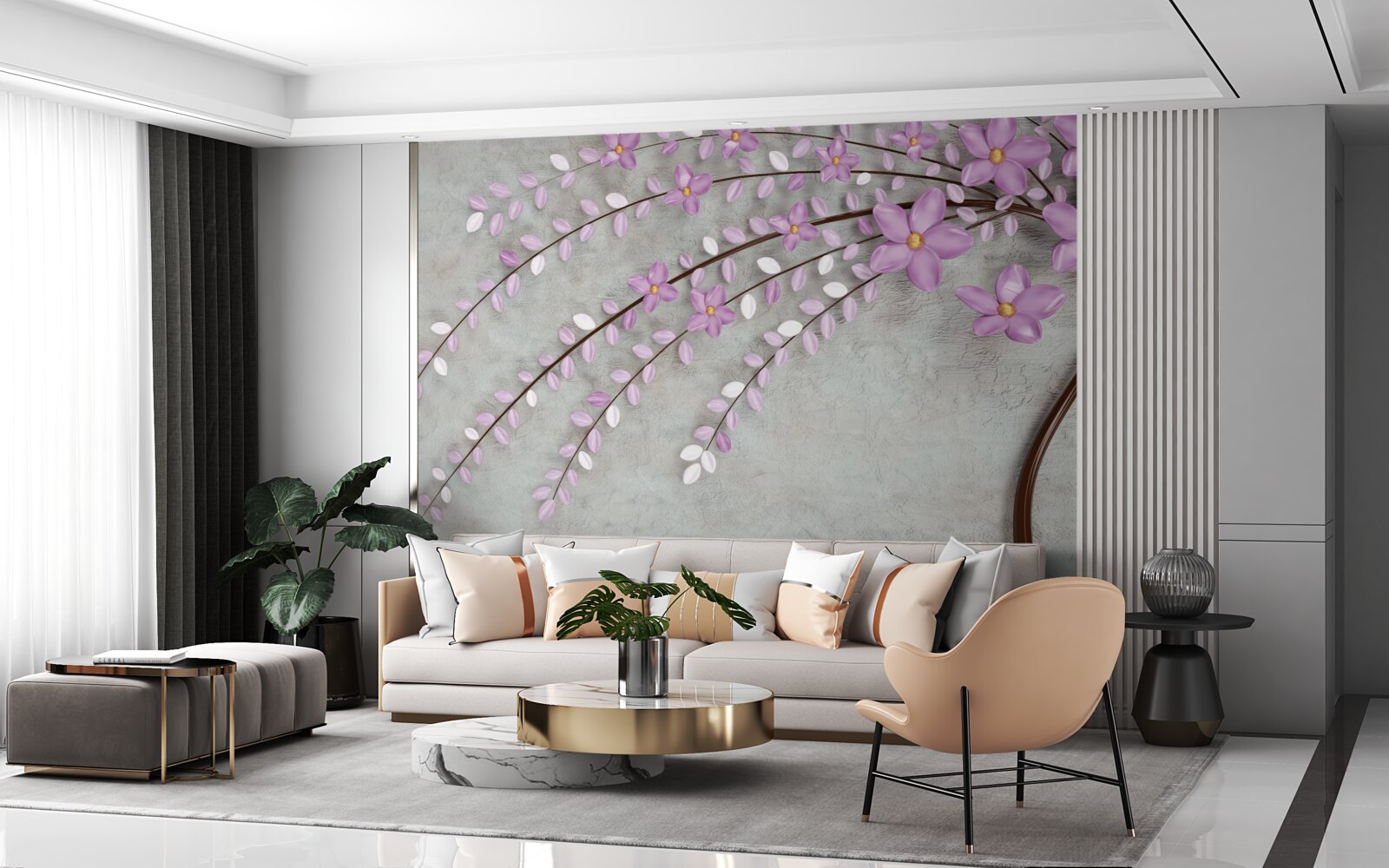 Papier peint arbre décoré de délicates fleurs de lilas