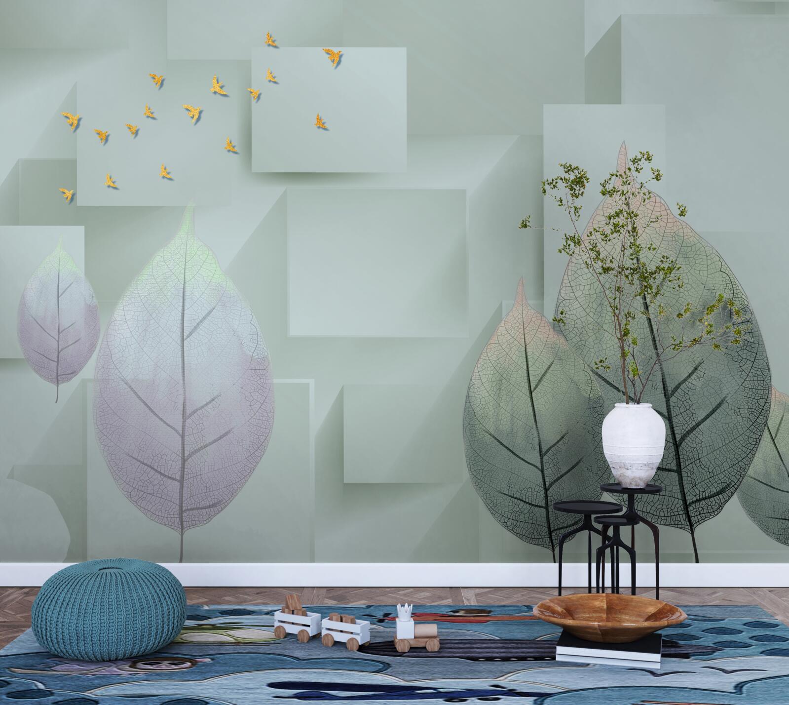 Papier peint Oiseaux et feuilles jaunes