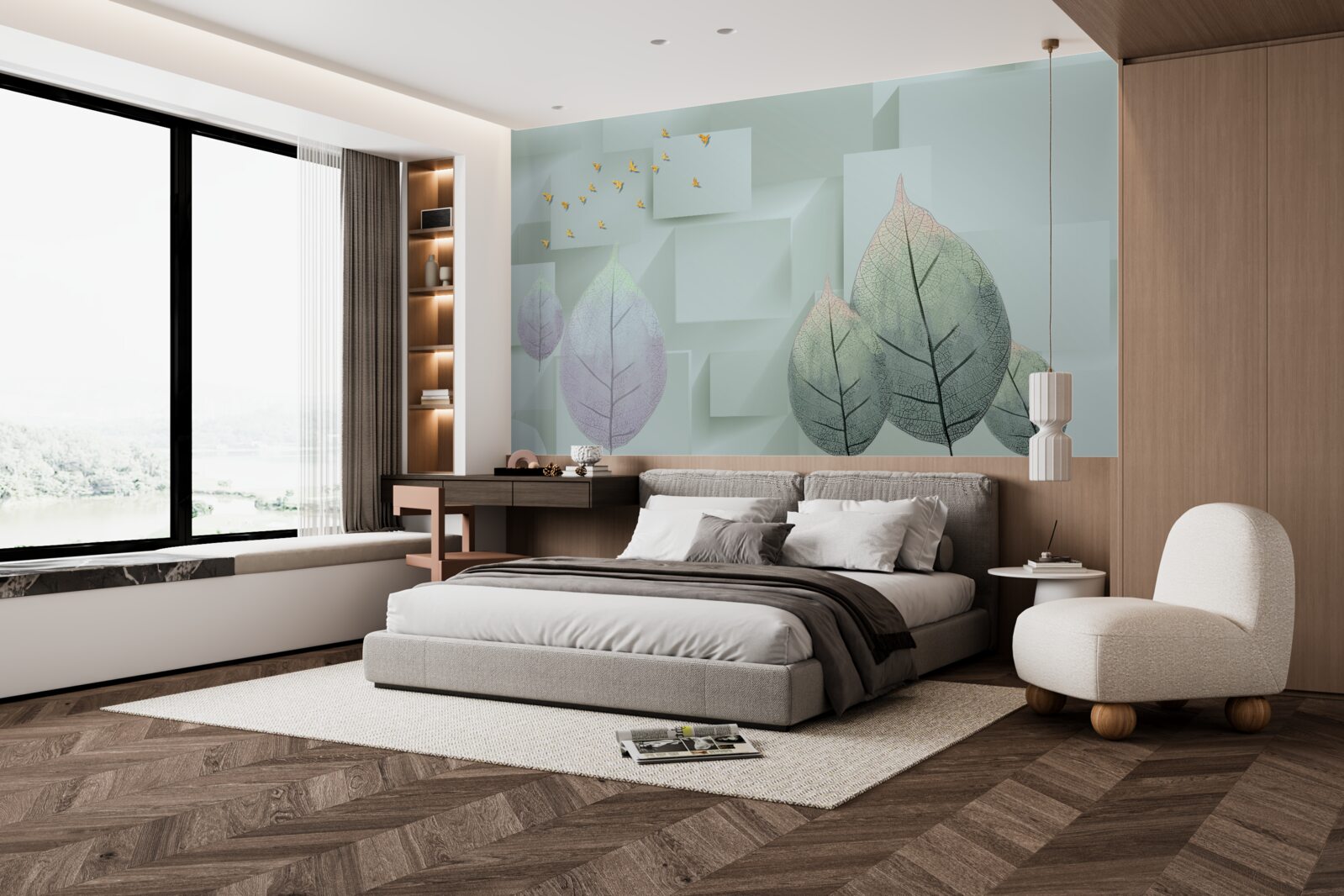 Papier peint Oiseaux et feuilles jaunes