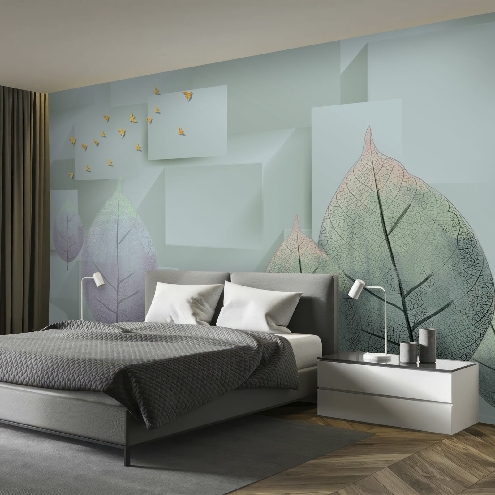 Papier peint Oiseaux et feuilles jaunes