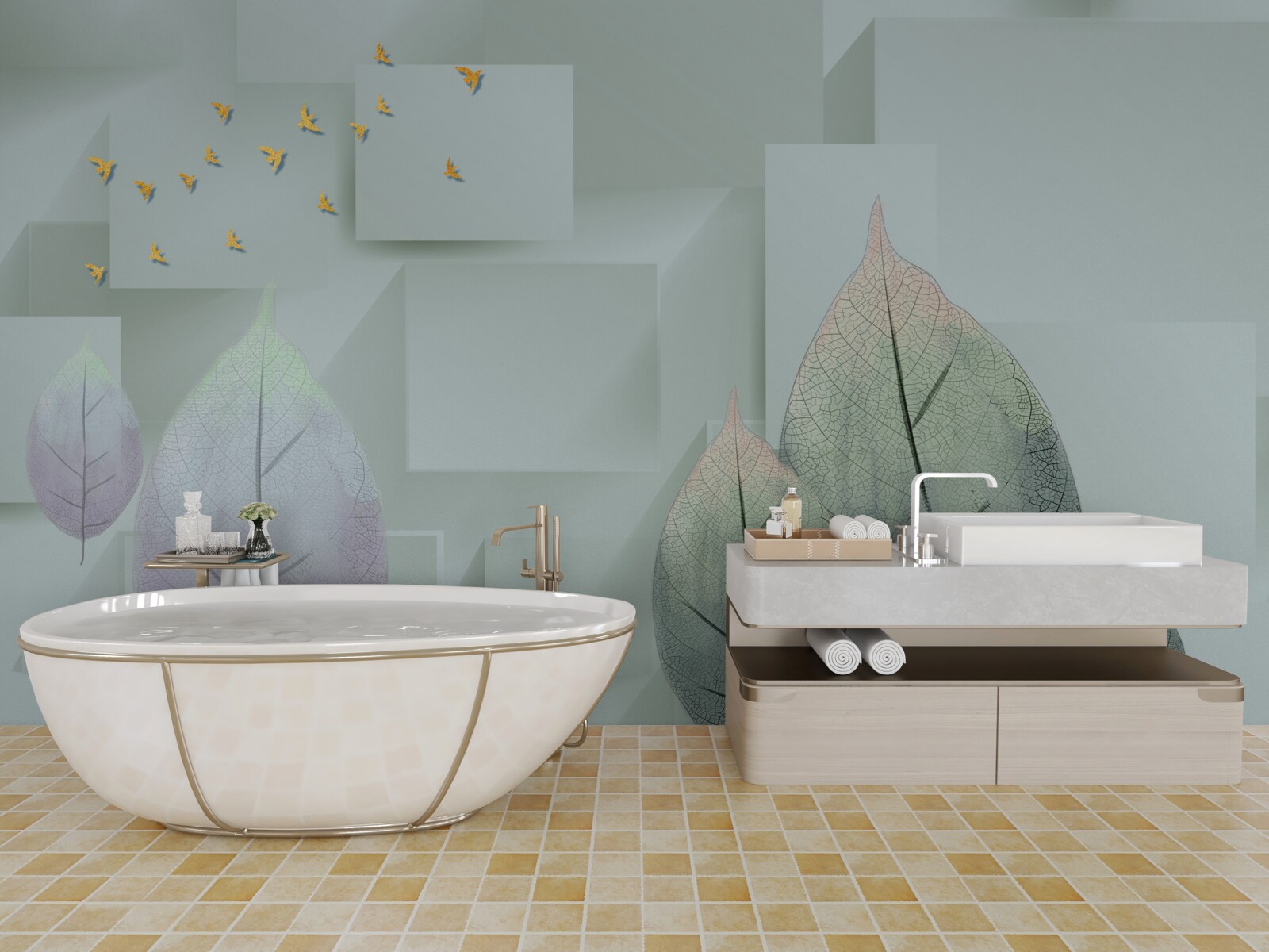 Papier peint Oiseaux et feuilles jaunes