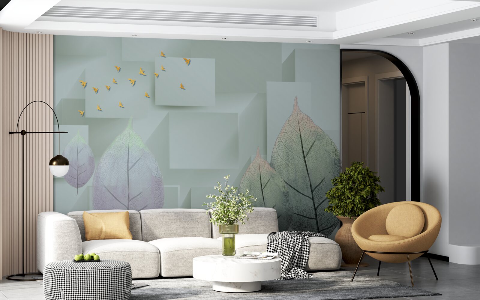 Papier peint Oiseaux et feuilles jaunes