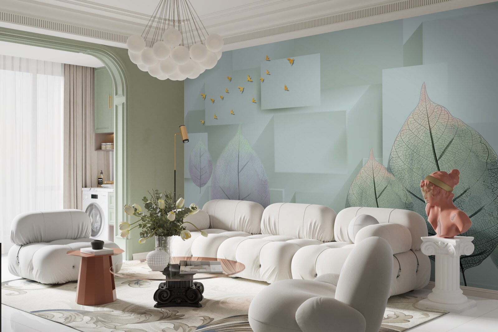 Papier peint Oiseaux et feuilles jaunes