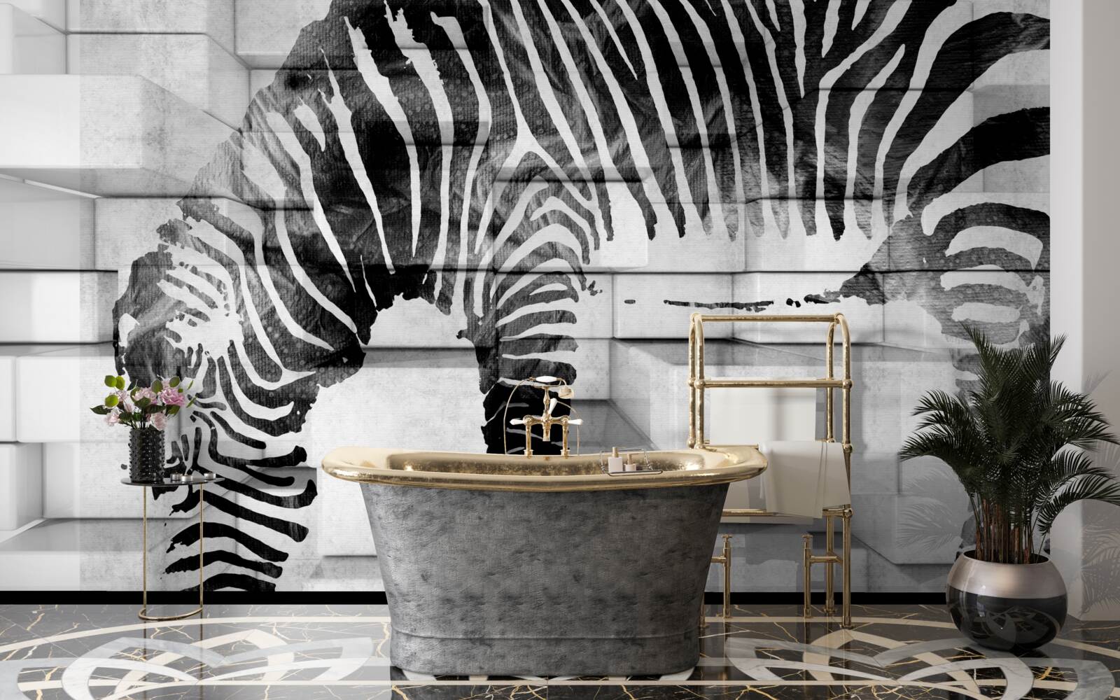 Papier peint mur de briques près d'un point d'eau avec l'image d'un zèbre