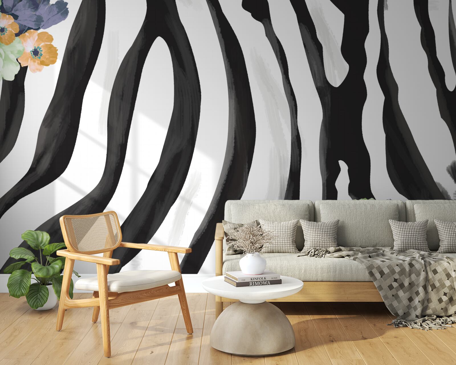 Papier peint fond avec des fleurs sur un fond de rayures noires et blanches