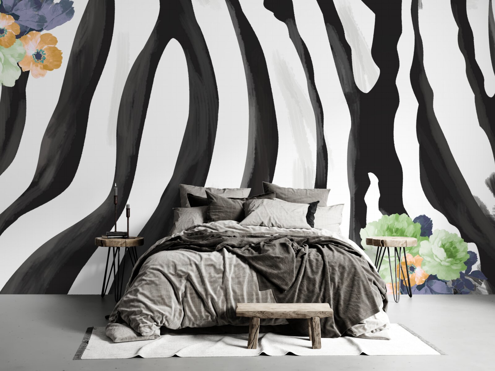 Papier peint fond avec des fleurs sur un fond de rayures noires et blanches