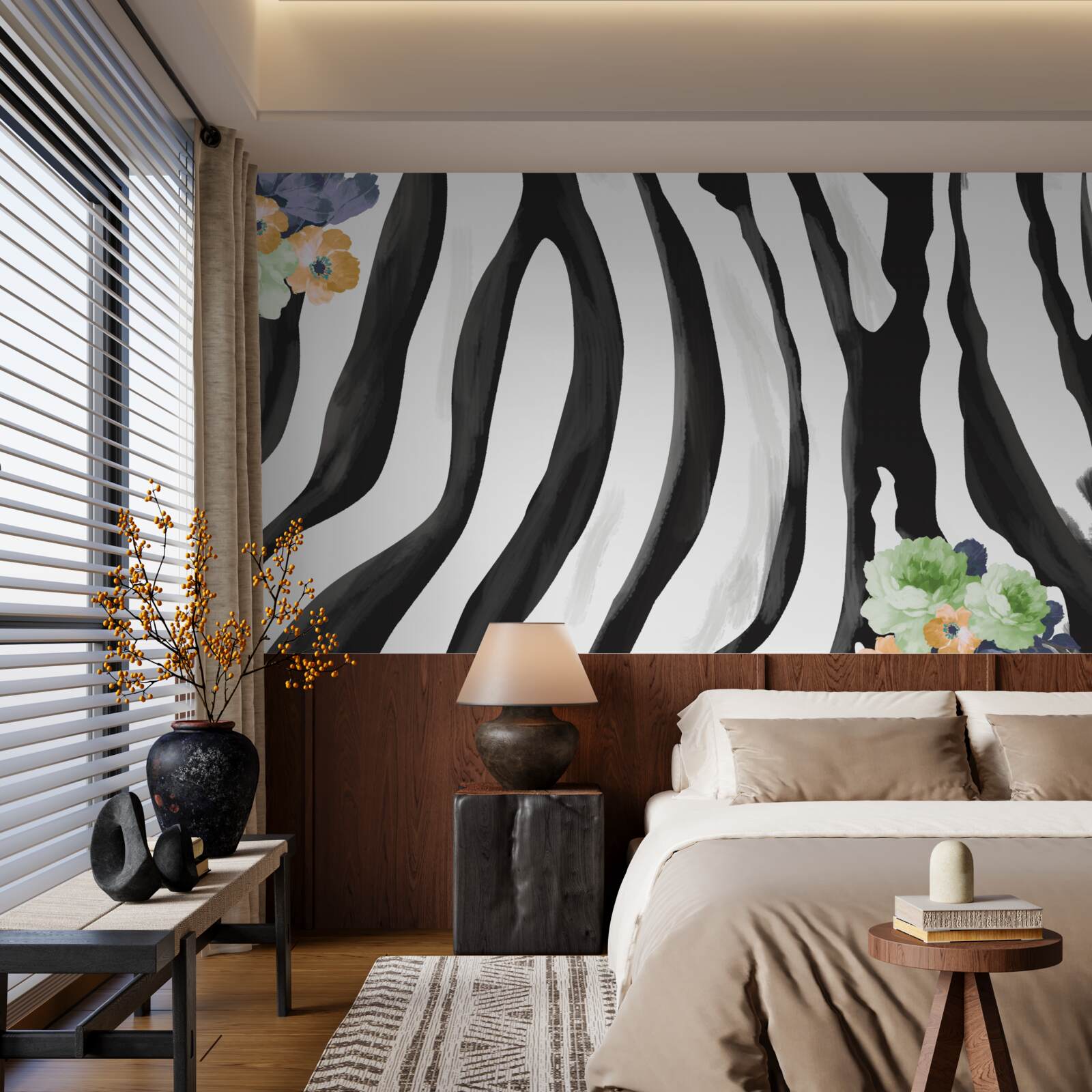 Papier peint fond avec des fleurs sur un fond de rayures noires et blanches