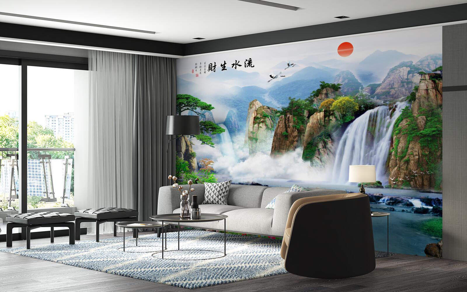 Papier peint vue magique sur la nature et la cascade