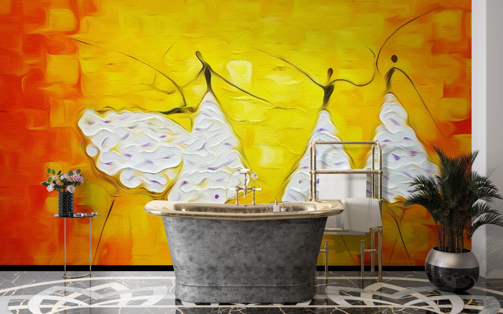 Papier peint expressions de filles portant des robes décorées de fleurs