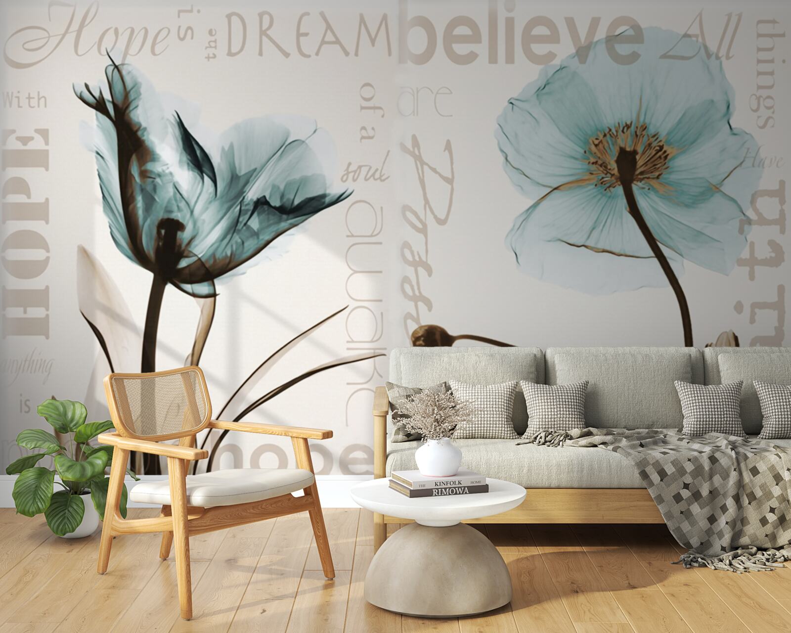 Papier peint coquelicots turquoise doux