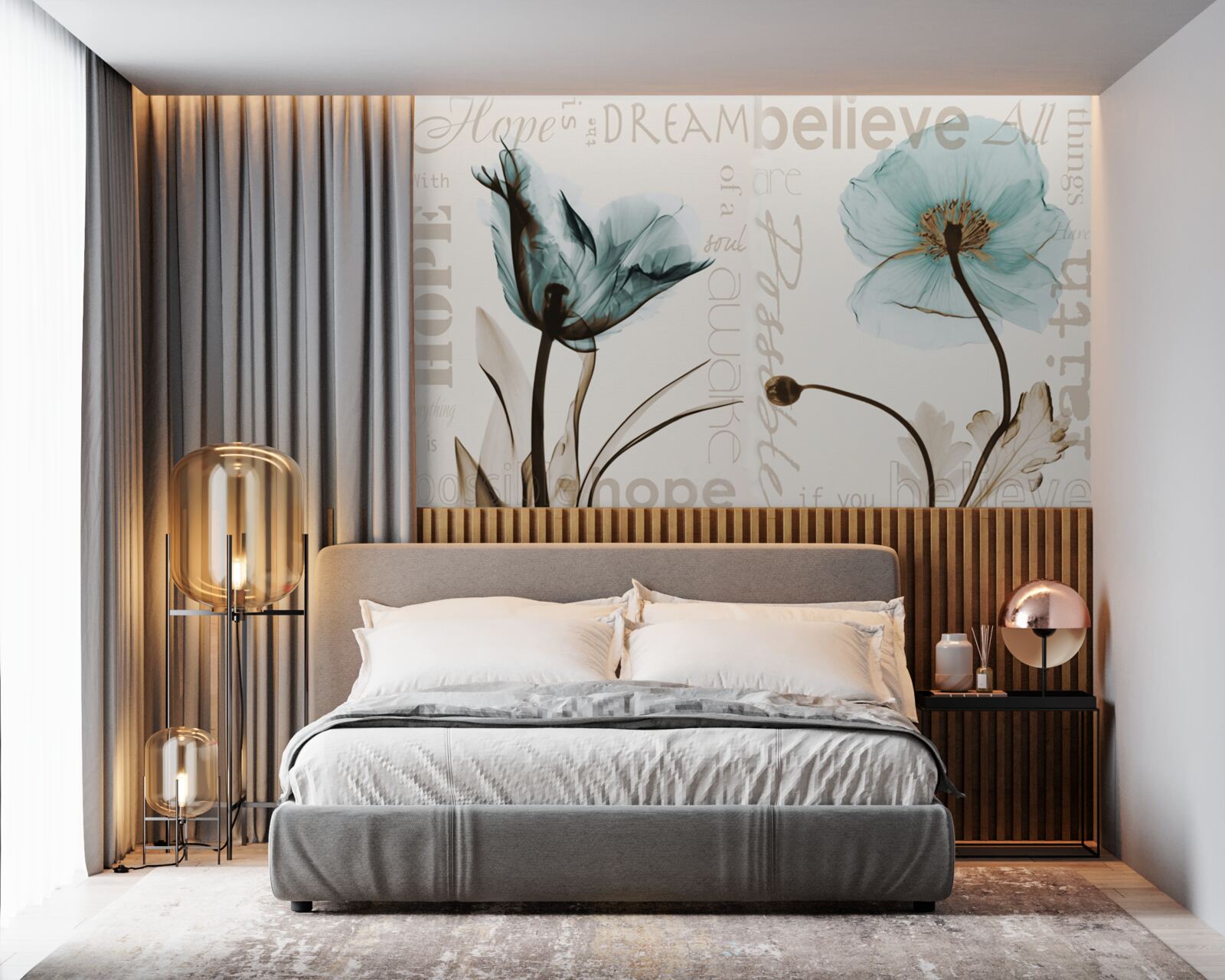 Papier peint coquelicots turquoise doux