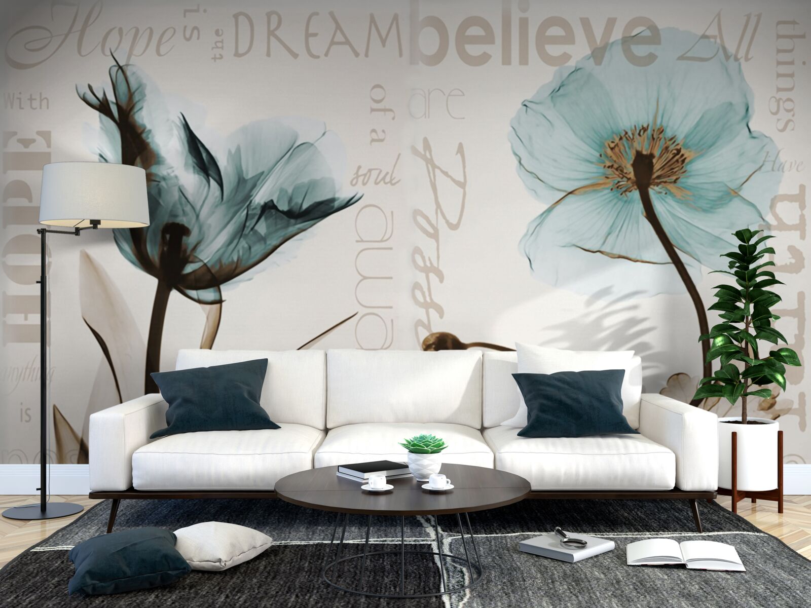 Papier peint coquelicots turquoise doux