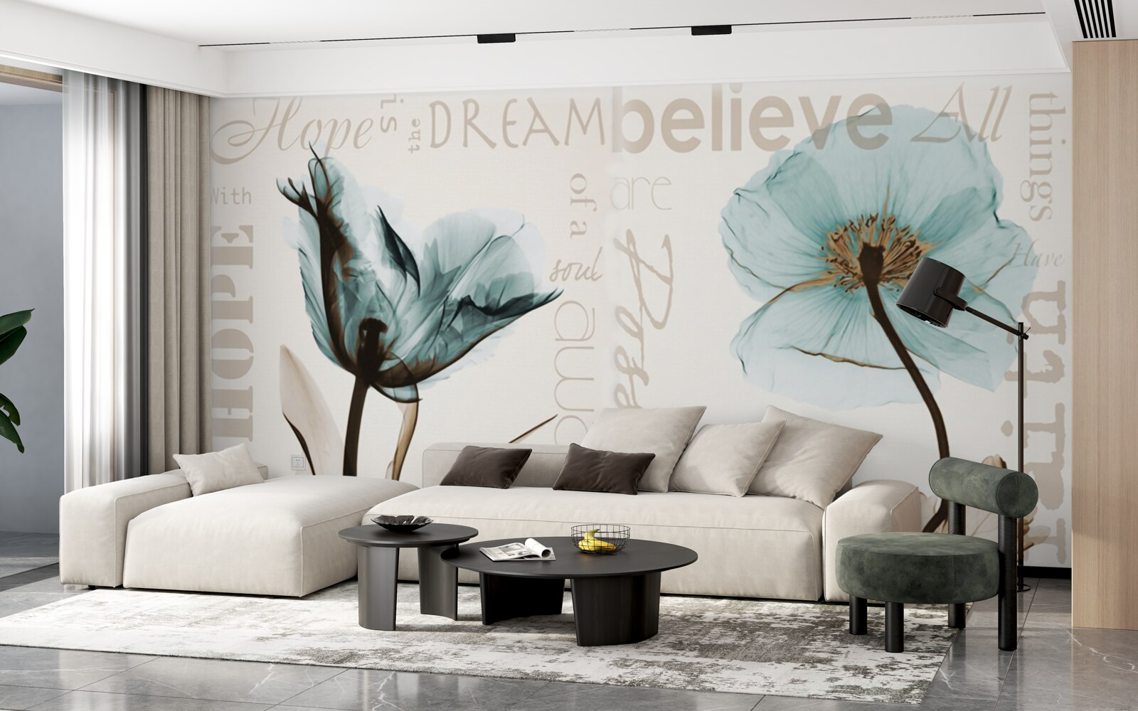 Papier peint coquelicots turquoise doux