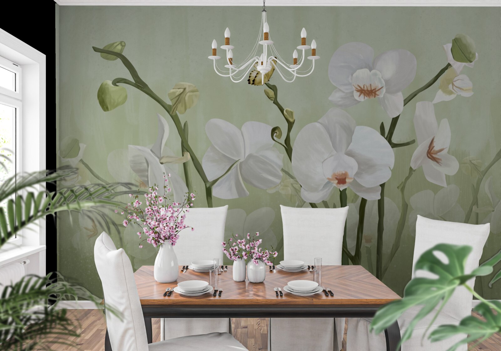 Papier peint fleurs blanches à l'aspect inhabituel