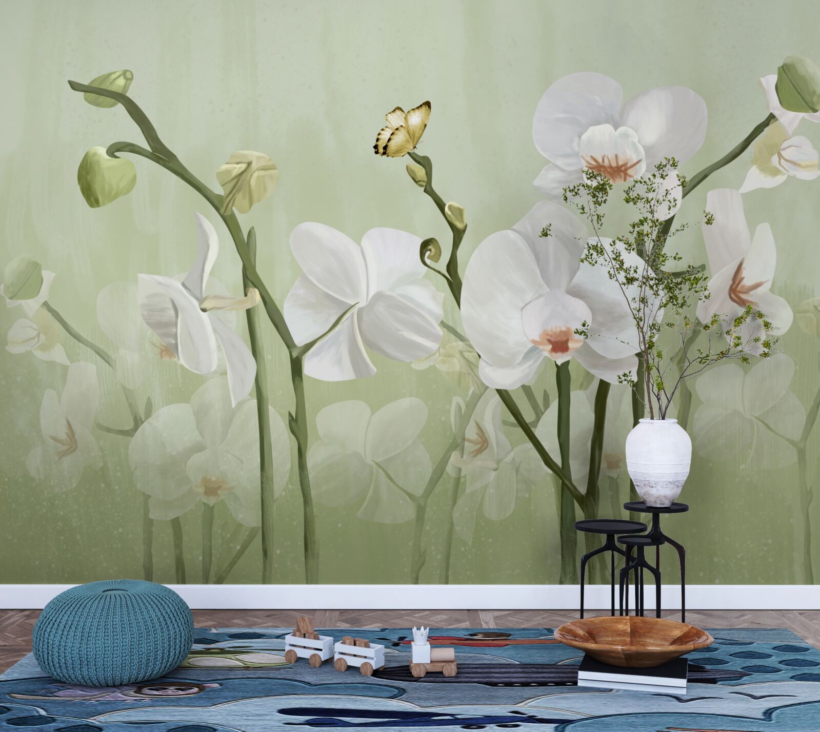 Papier peint fleurs blanches à l'aspect inhabituel