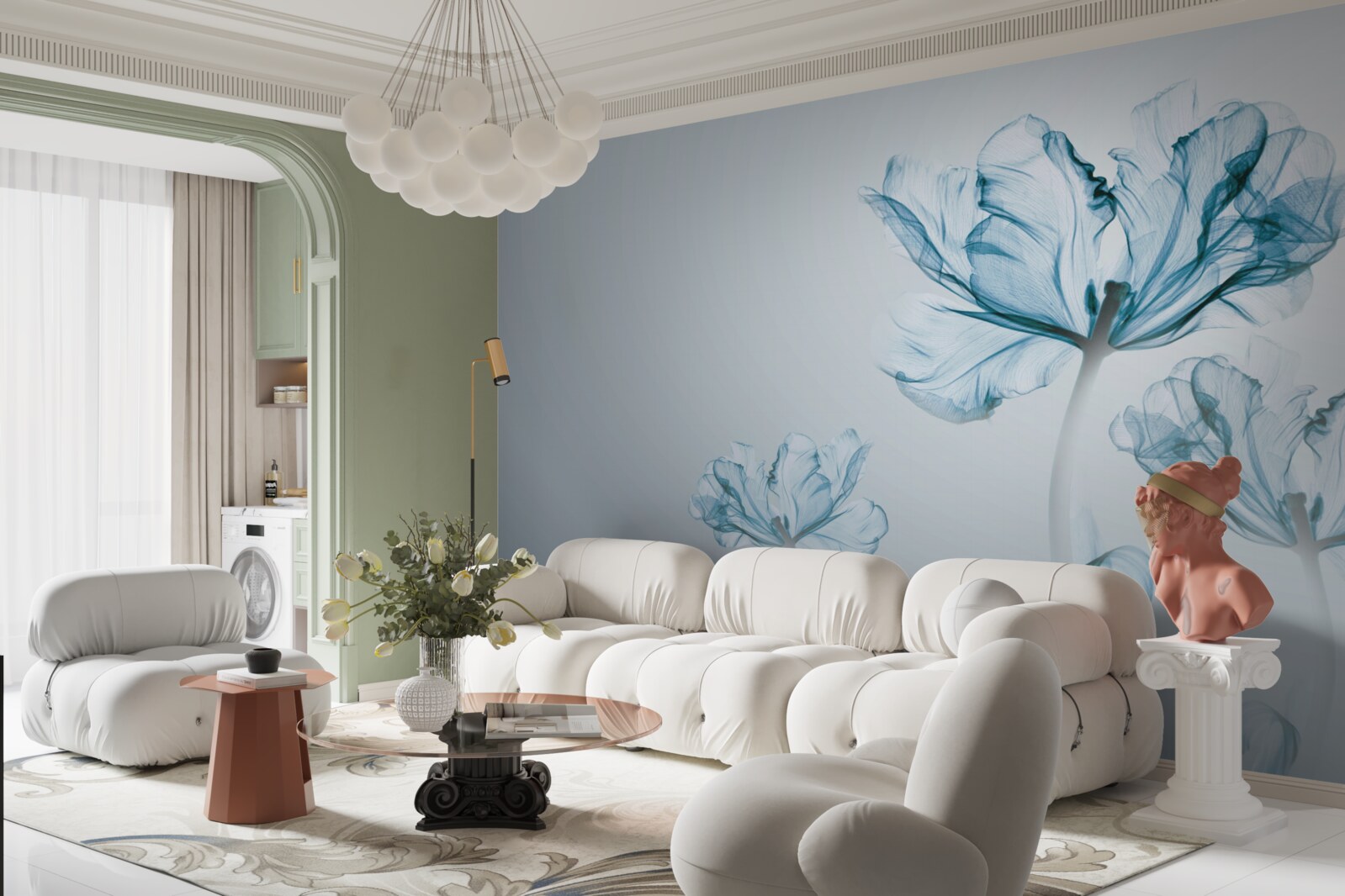 Papier peint fleurs bleues avec transparence